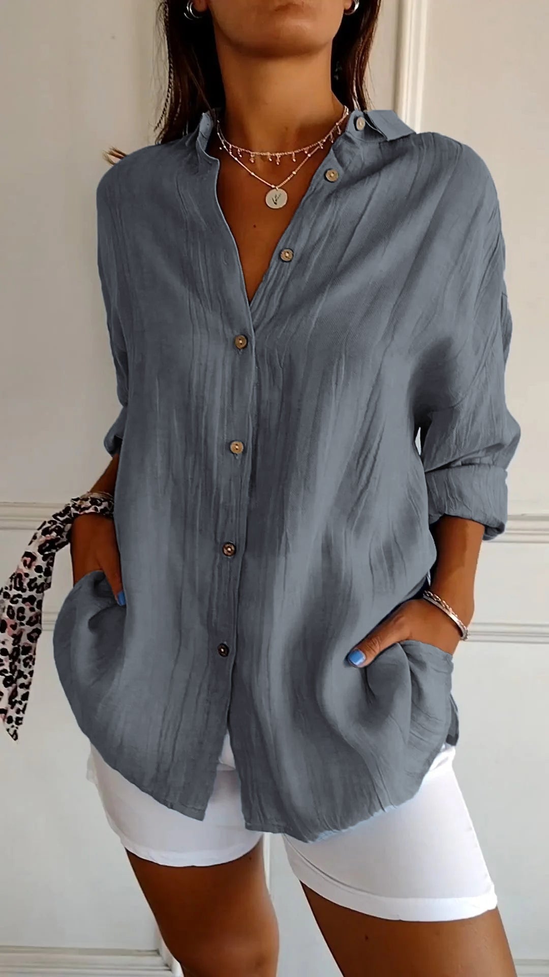Cora – Crinkled Button Down Long Sleeve Top for Women – view 10