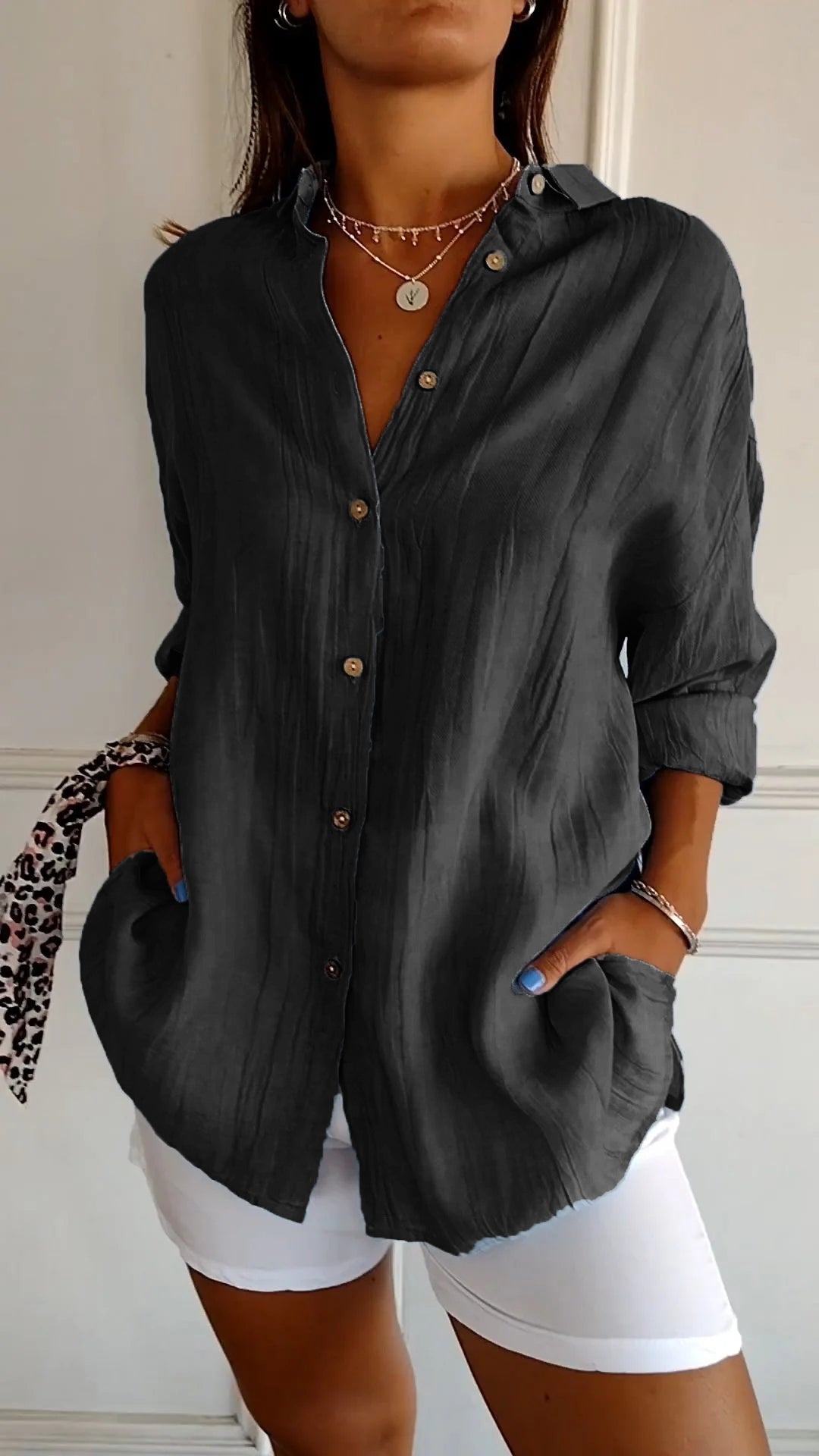 Cora – Crinkled Button Down Long Sleeve Top for Women – view 11