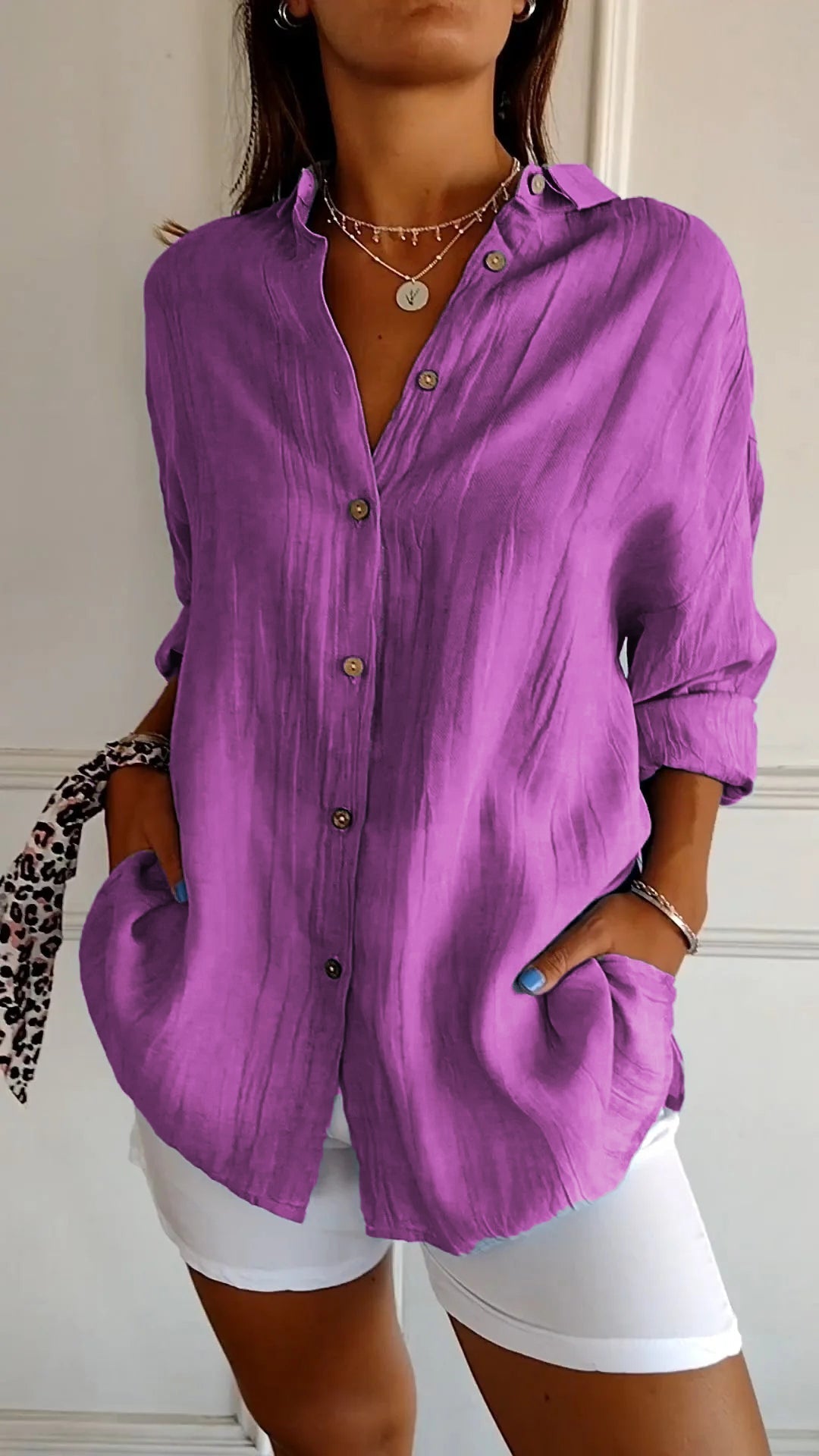 Cora – Crinkled Button Down Long Sleeve Top for Women – view 9