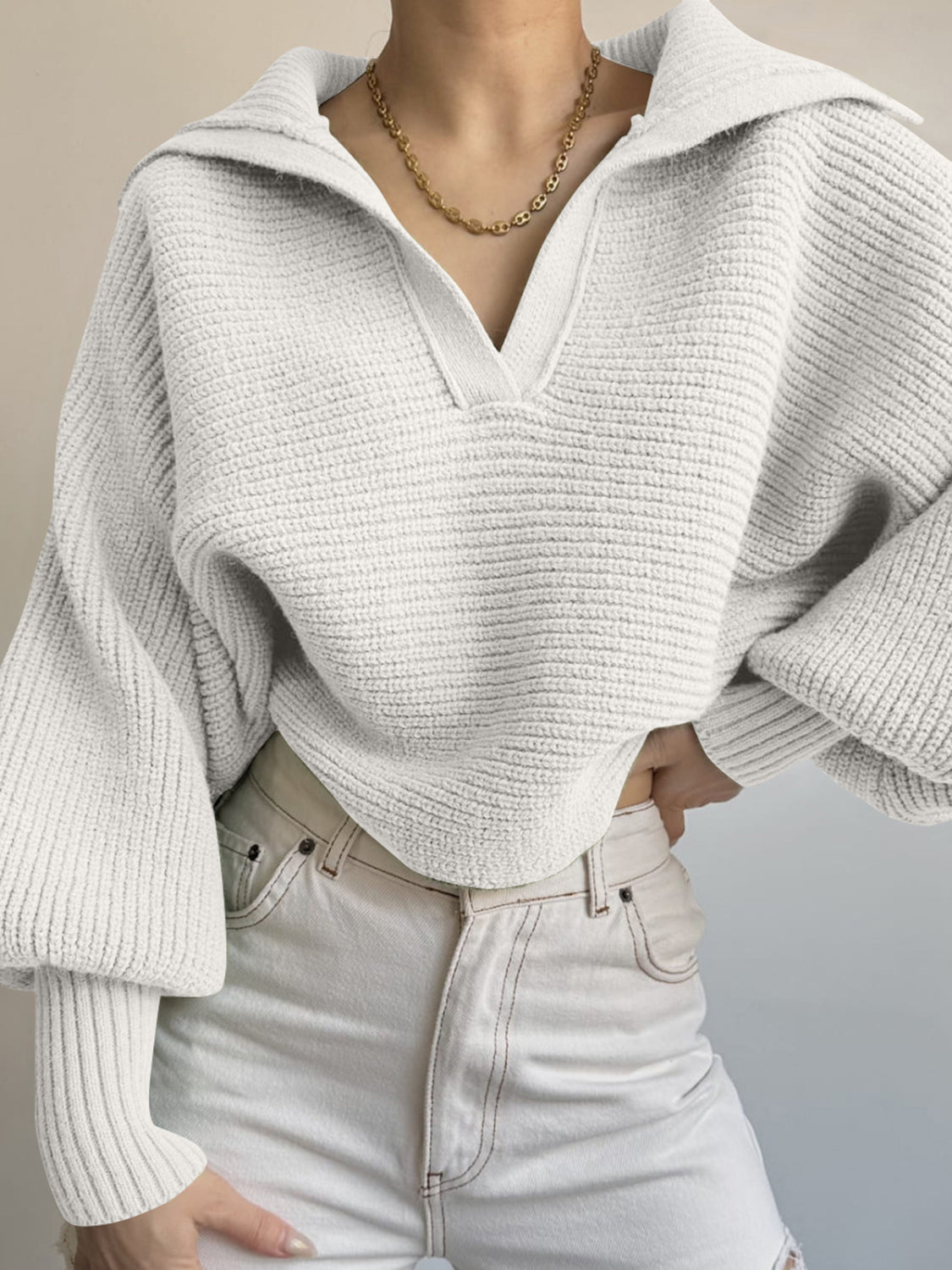 Jane | Ribbed Polo Sweater with Split Collar and Wide Cuffs for Women