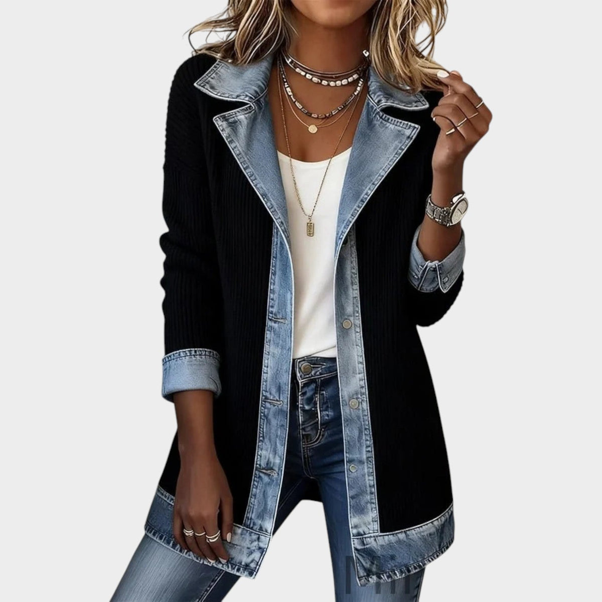 Women's Knit Cardigan Button Front Denim Ribbed – view 4