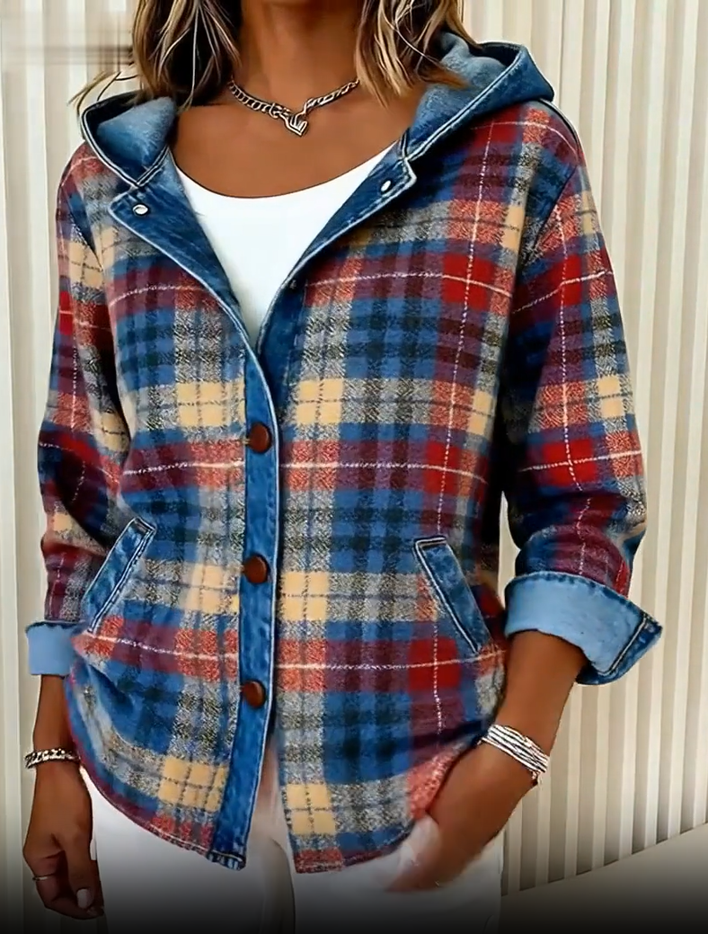 Nadrina | Hooded Denim Jacket with Check Panel Contrast for Women