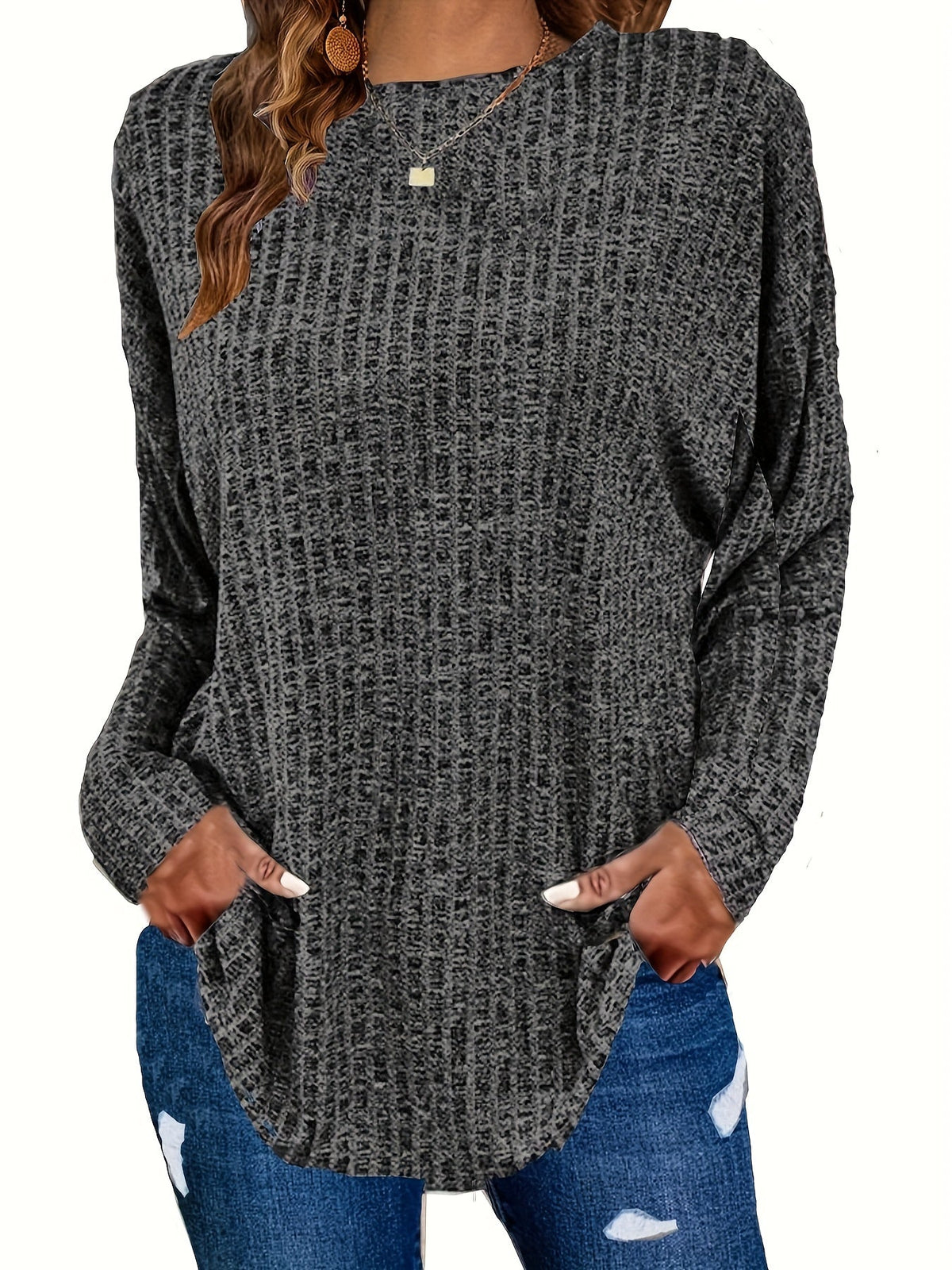 Paloma | Waffle Knit Tunic Sweater with Curved Hem for Women