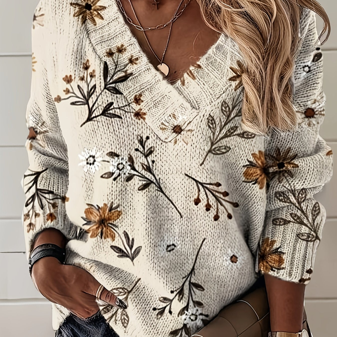 Zelie Botanical Print Ribbed V Neck Sweater - view 4