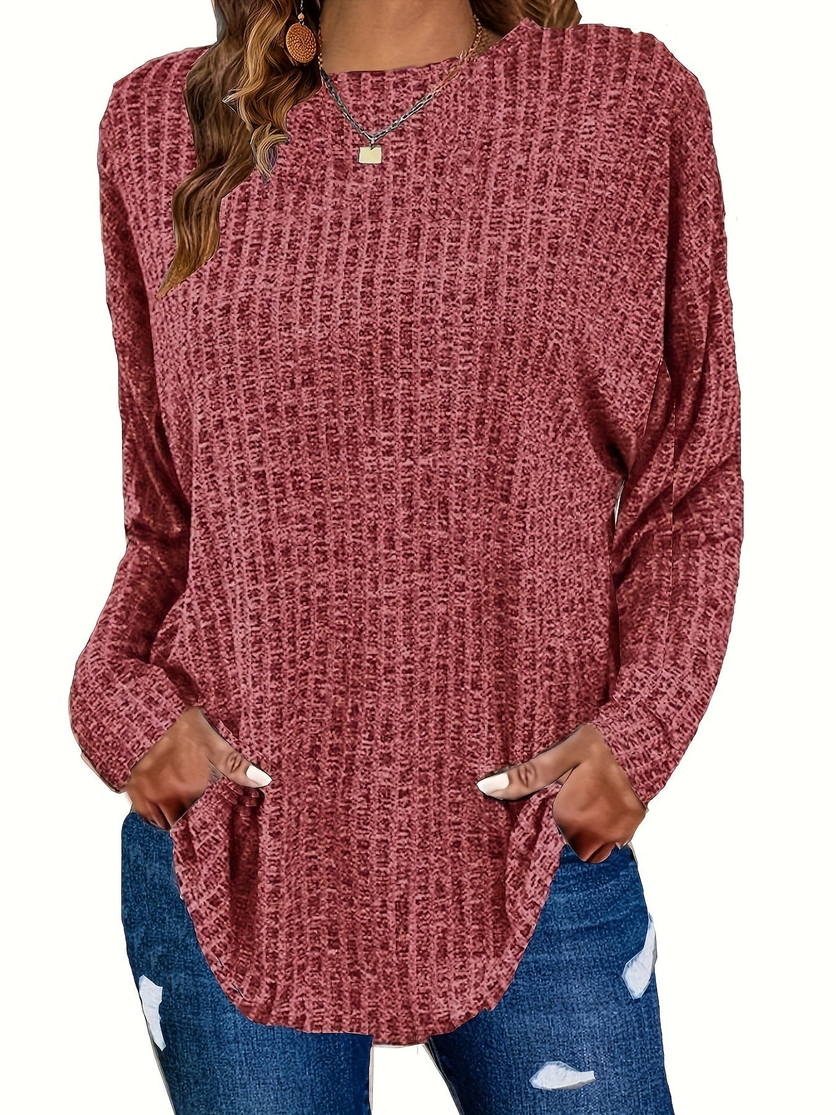 Paloma | Waffle Knit Tunic Sweater with Curved Hem for Women