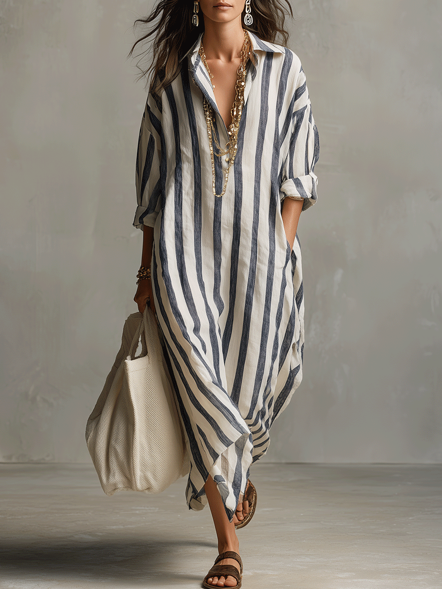 Harlow Striped Boho Long Sleeve Maxi Dress - front view