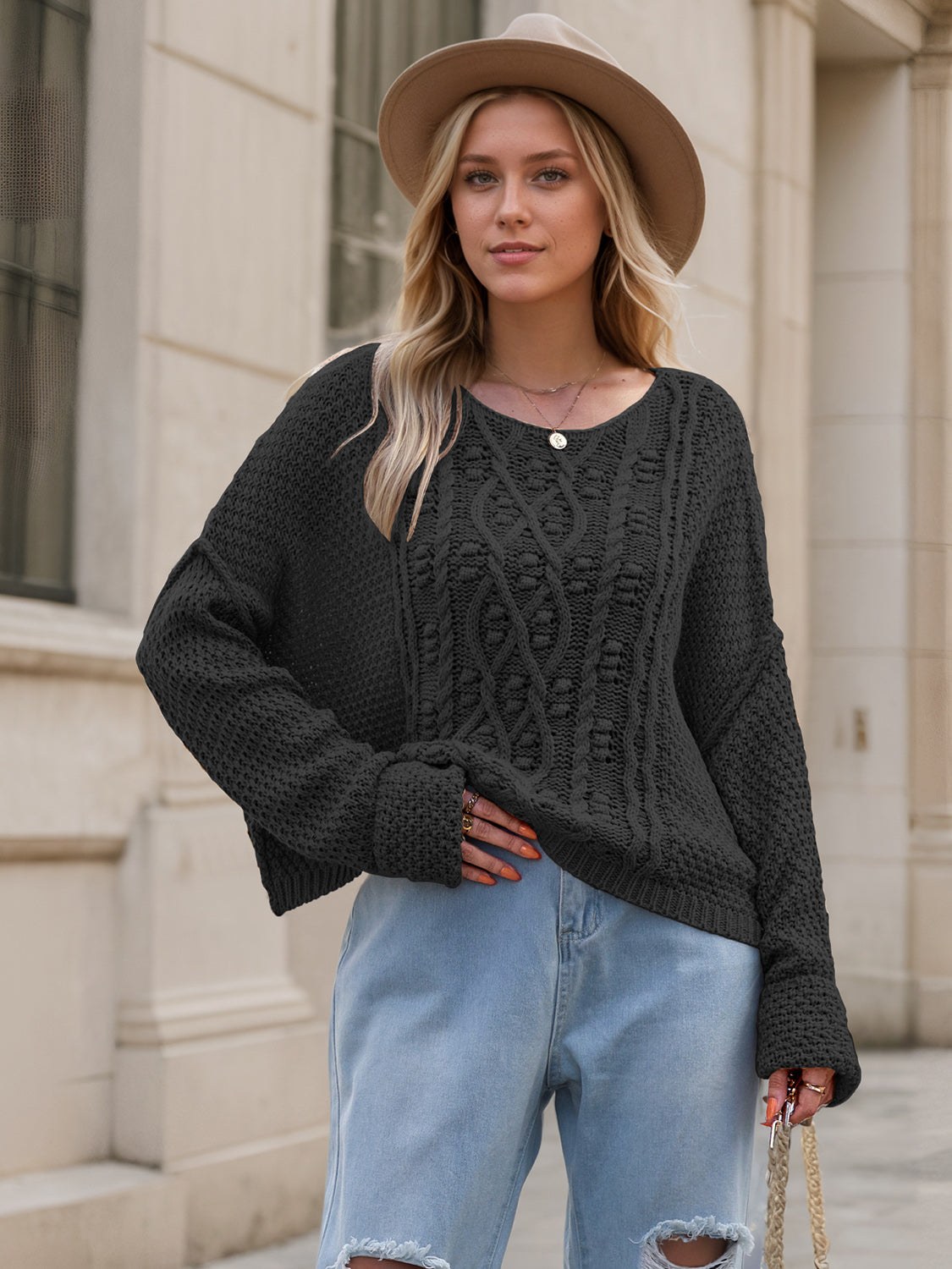 Eloise – Cable Waffle Knit Sweater with Scoop Crew Neck for Women – view 12