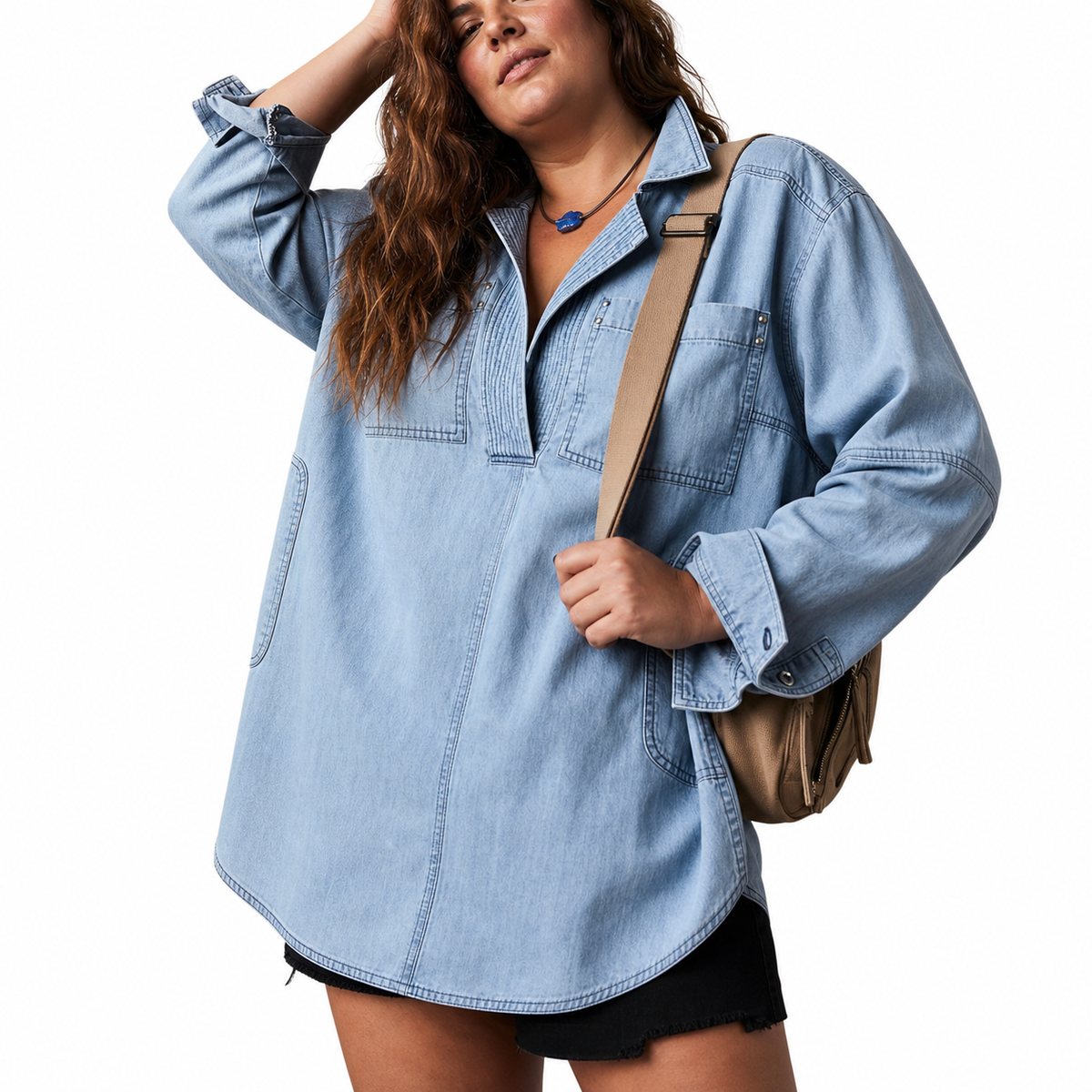 Emilia – Chic V-Neck Denim Tunic Top