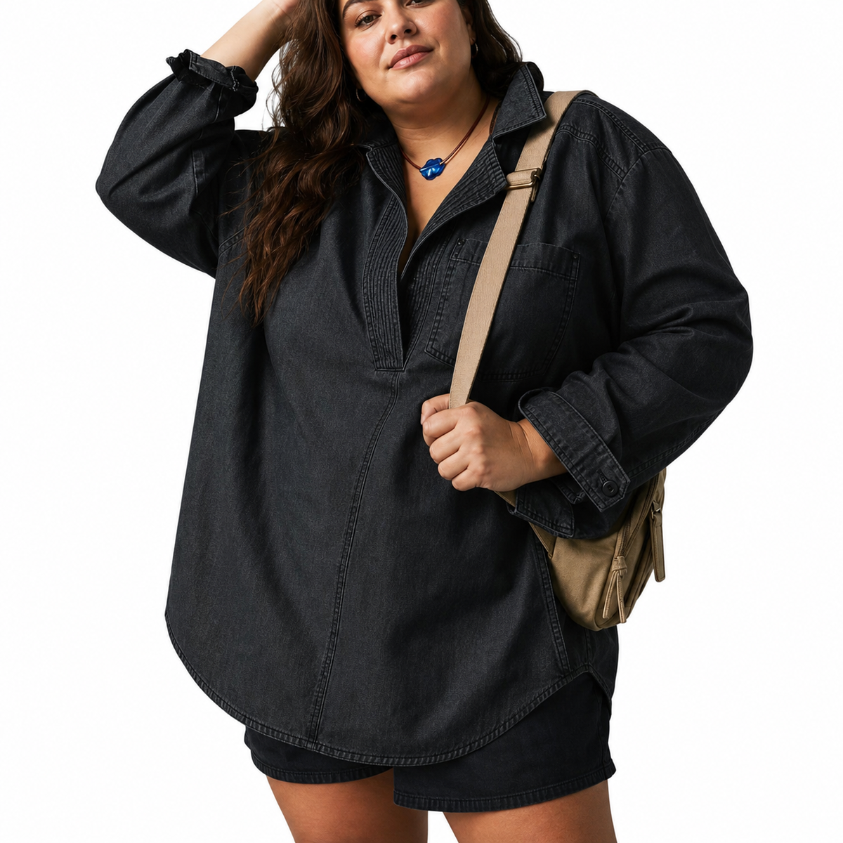 Emilia – Chic V-Neck Denim Tunic Top – view 2