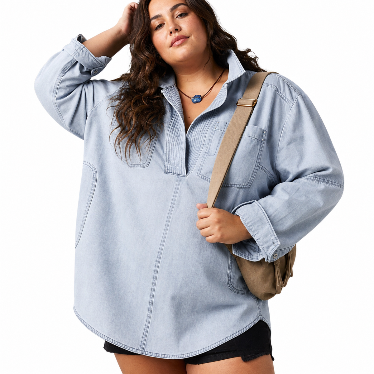 Emilia – Chic V-Neck Denim Tunic Top – view 3