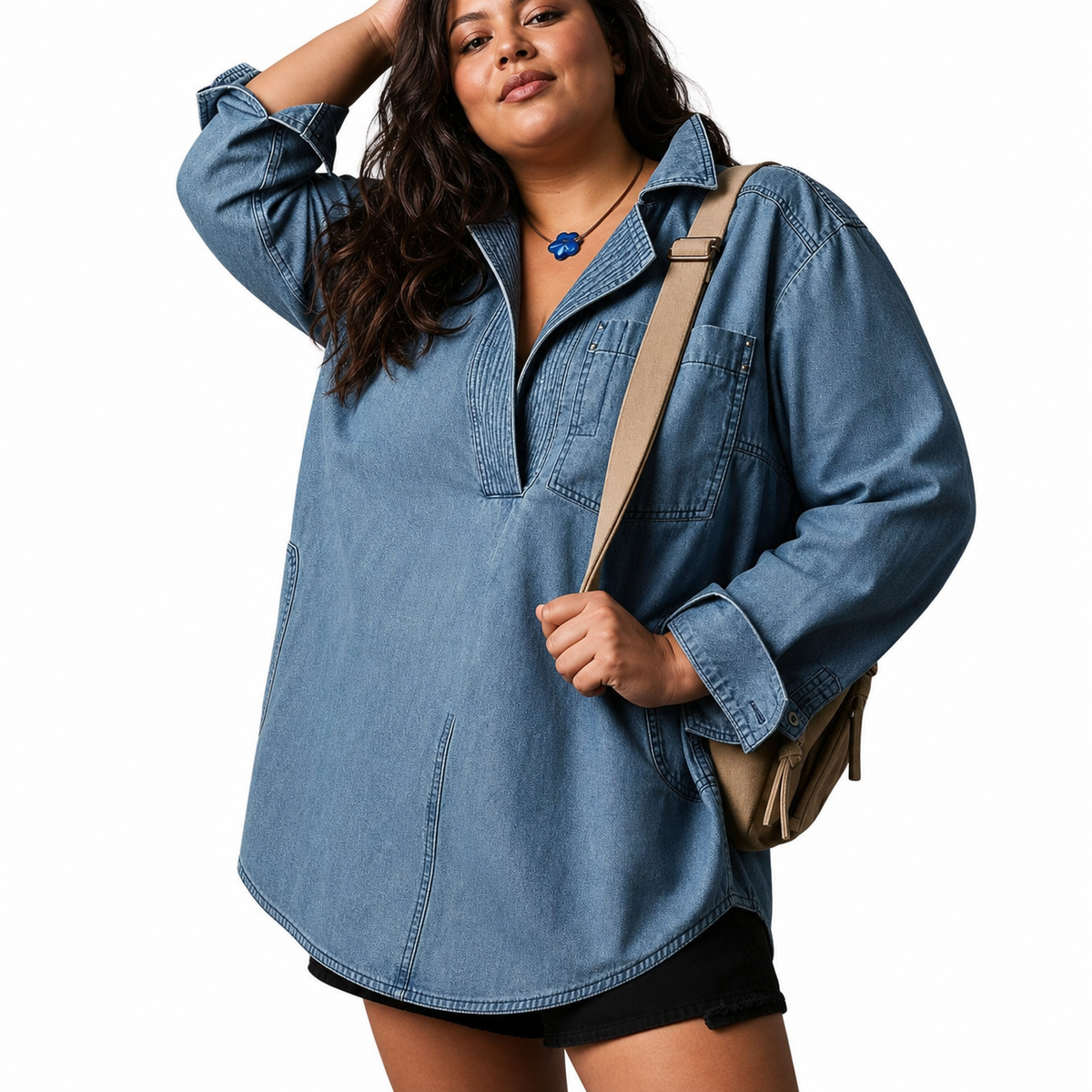 Emilia – Chic V-Neck Denim Tunic Top – view 4