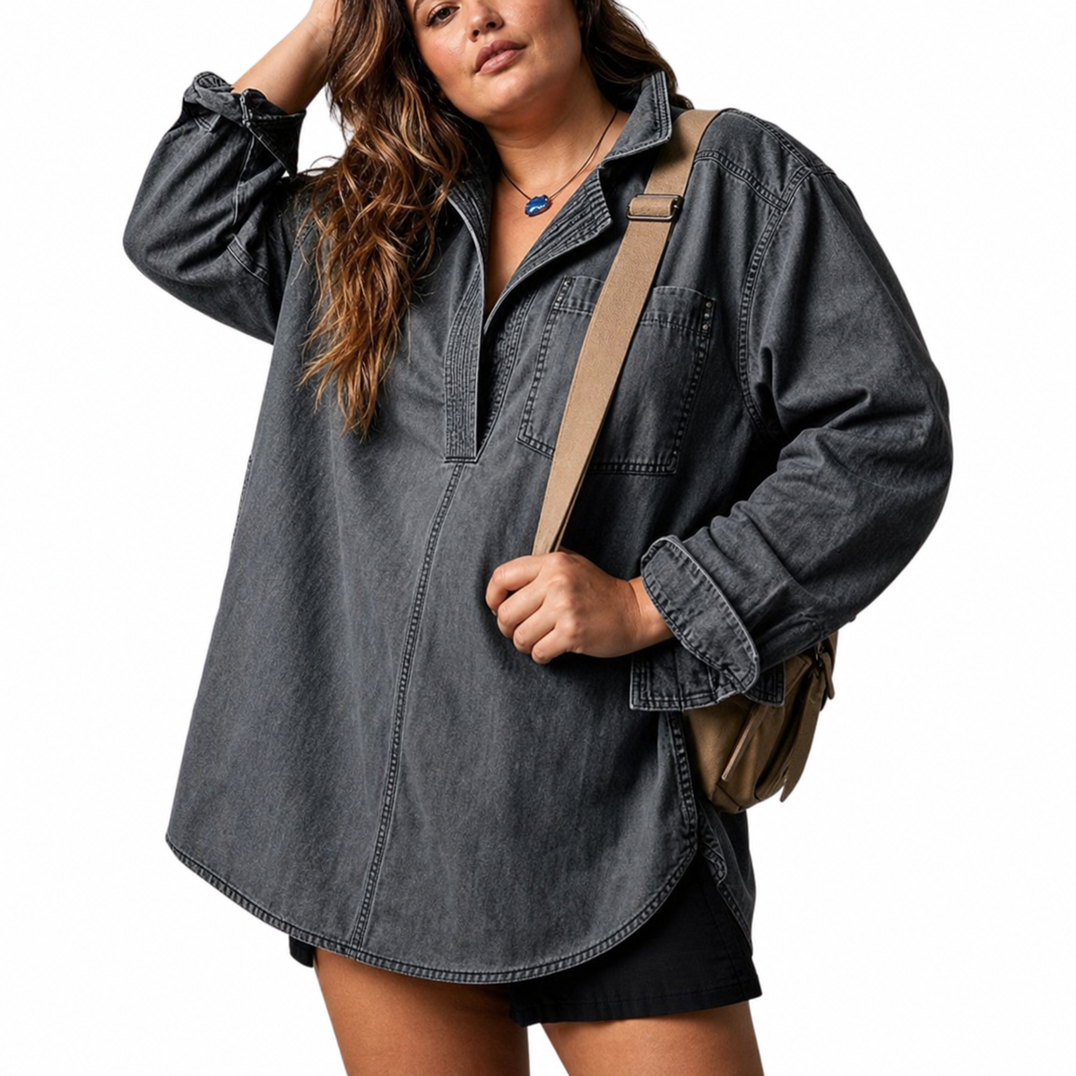 Emilia – Chic V-Neck Denim Tunic Top – view 6