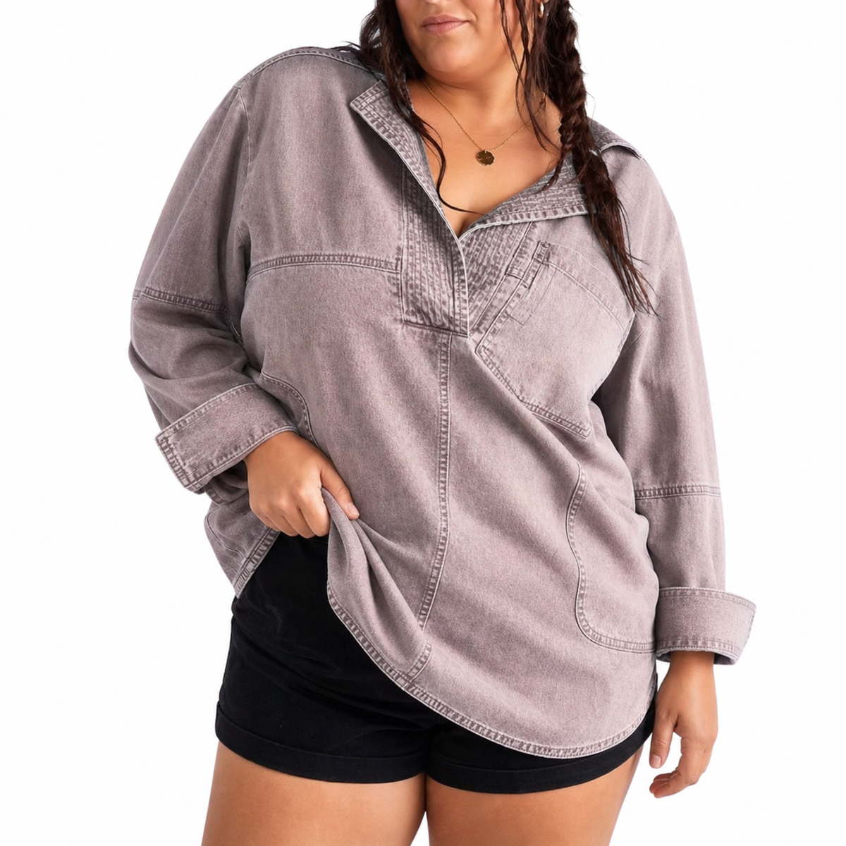 Emilia – Chic V-Neck Denim Tunic Top – view 7