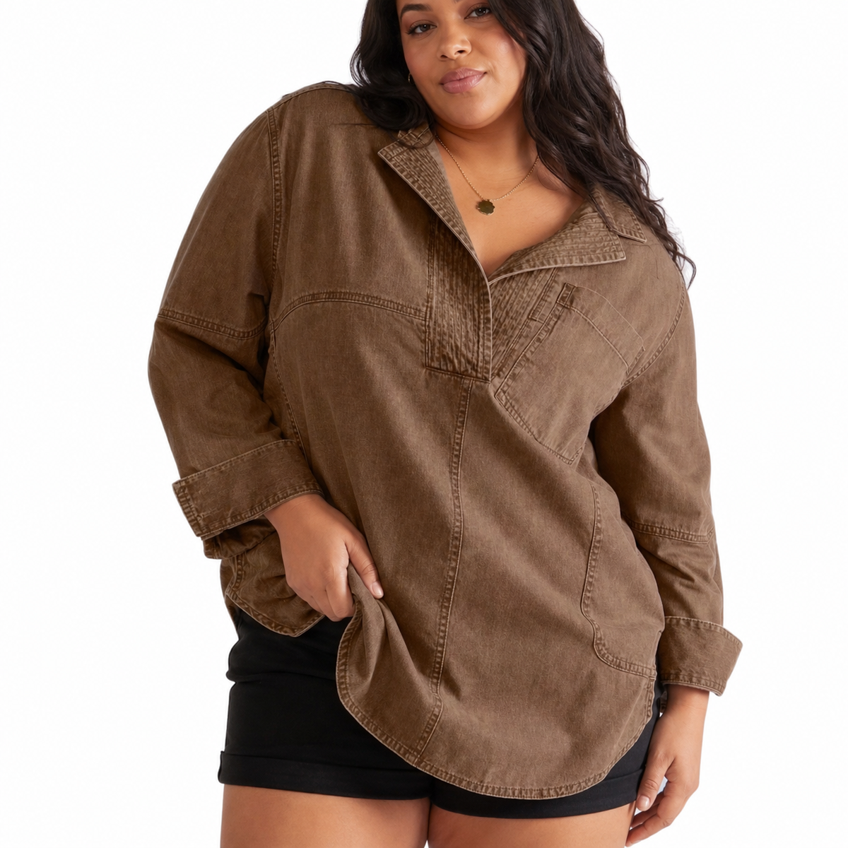 Emilia – Chic V-Neck Denim Tunic Top – view 8