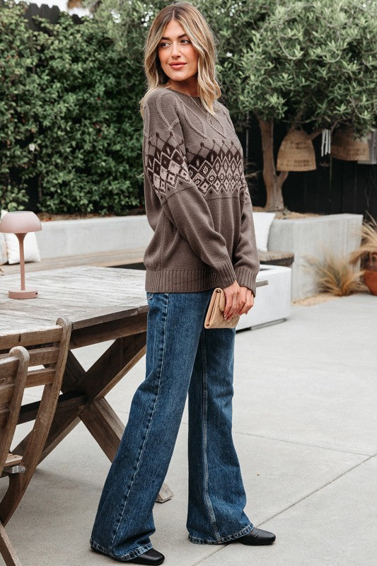 Alana | Crew Neck Knit Sweater with Patterned Yoke for Women