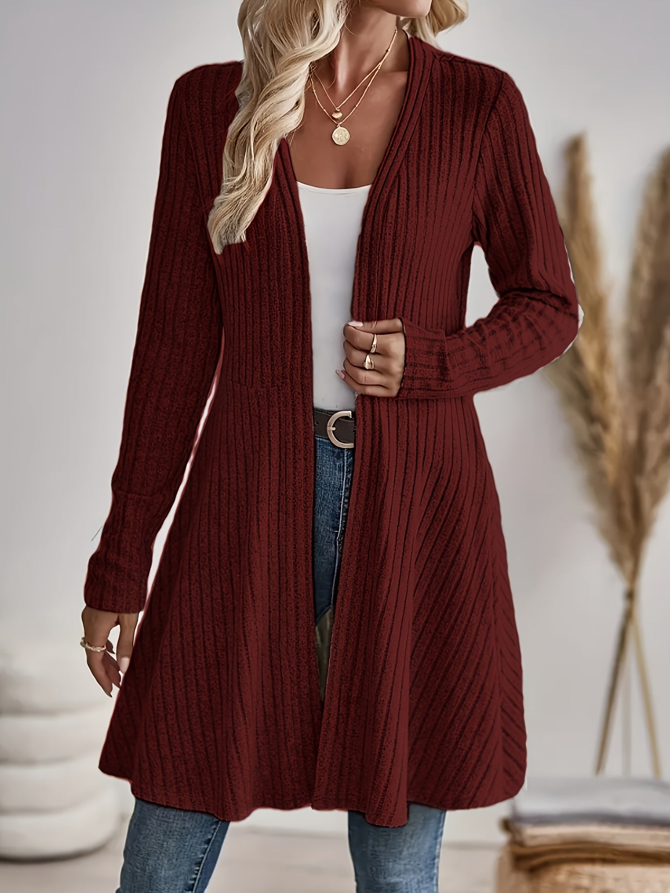 Isla | Ribbed Longline Open-Front Cardigan Flared Hem
