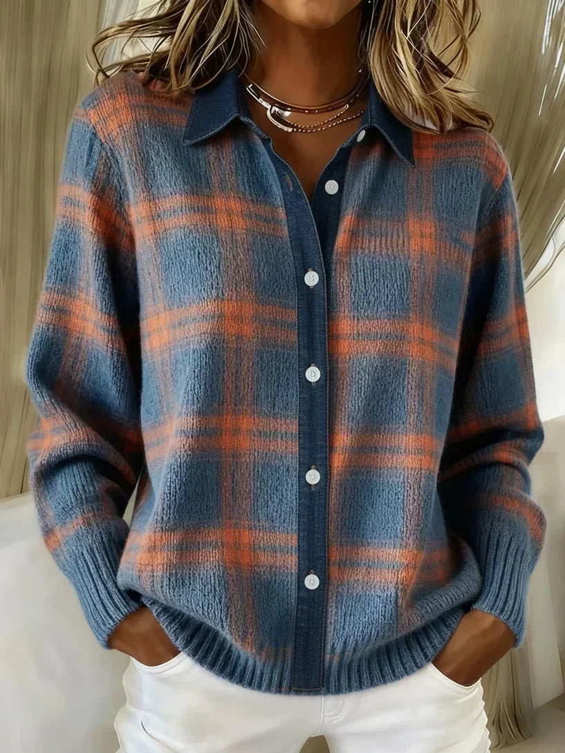 Delaney | Plaid Shirt-Collar Button-Front Knit Cardigan