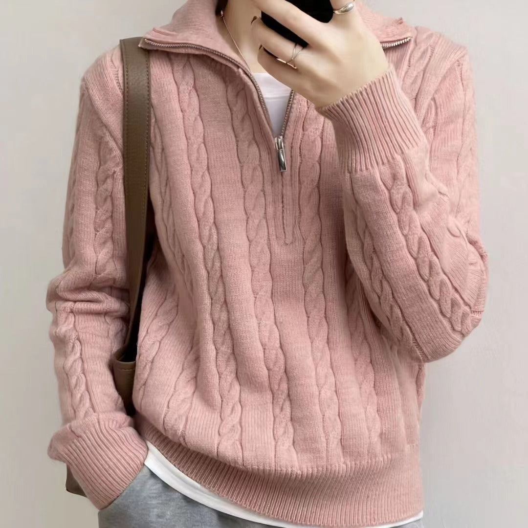Fiona – Cropped Cable Knit Sweater with Half Zip Funnel Neck for Women – view 4