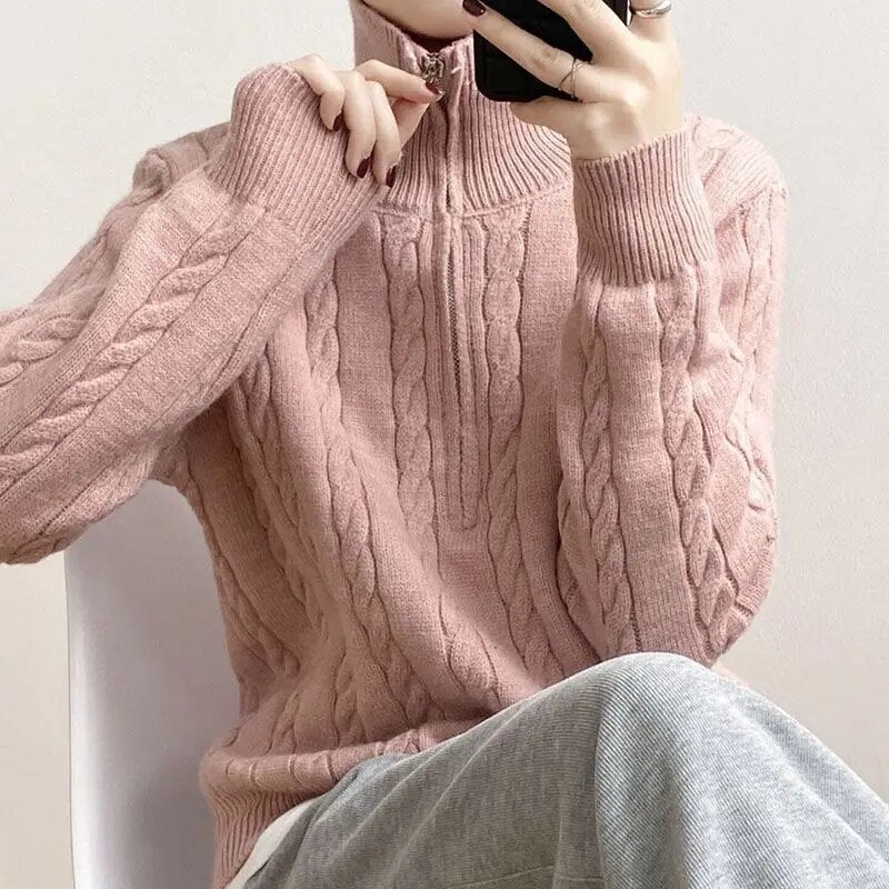 Fiona – Cropped Cable Knit Sweater with Half Zip Funnel Neck for Women – view 5