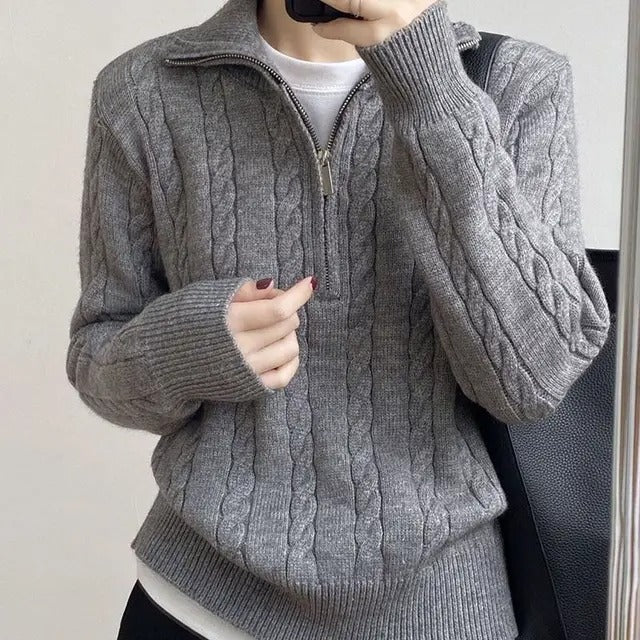 Fiona – Cropped Cable Knit Sweater with Half Zip Funnel Neck for Women – view 6