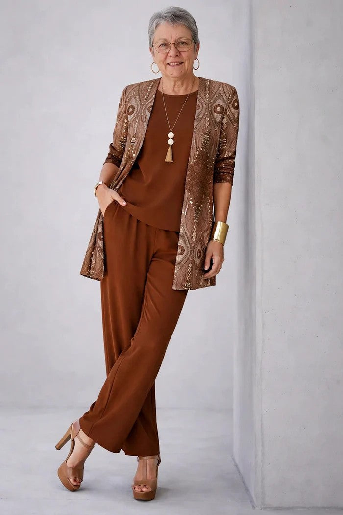 Iris | Three-Piece Cardigan, Top and Printed Trouser Set