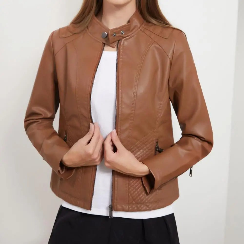 Georgina – Faux Leather Biker Jacket with Quilted Side Panels for Women – view 4
