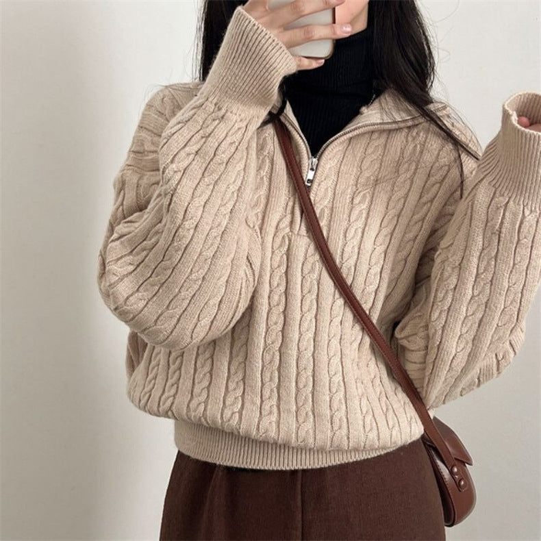 Fiona | Cropped Cable Knit Sweater with Half Zip Funnel Neck for Women