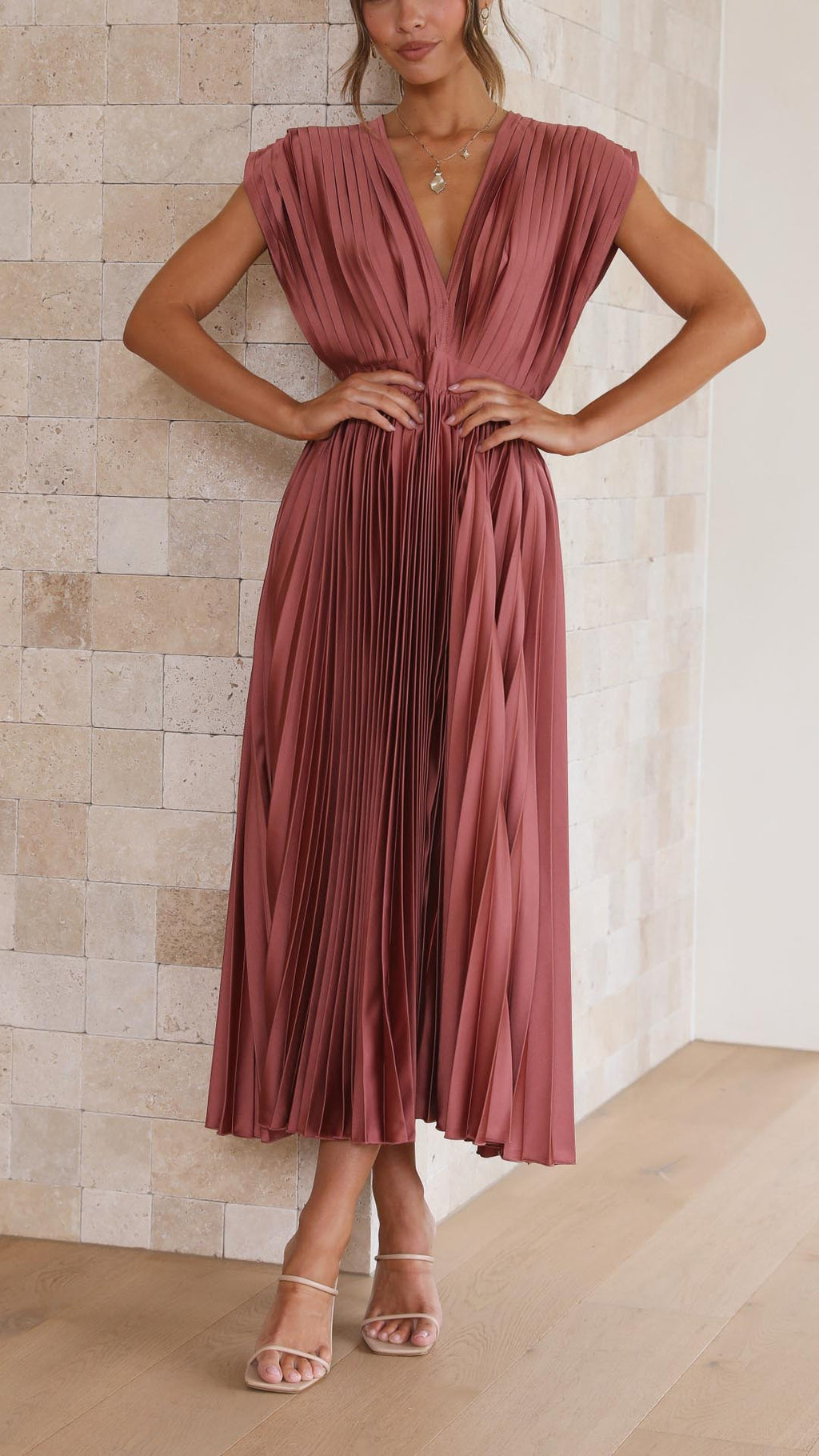 Solene Tie Front Pleated Midi Dress - front view