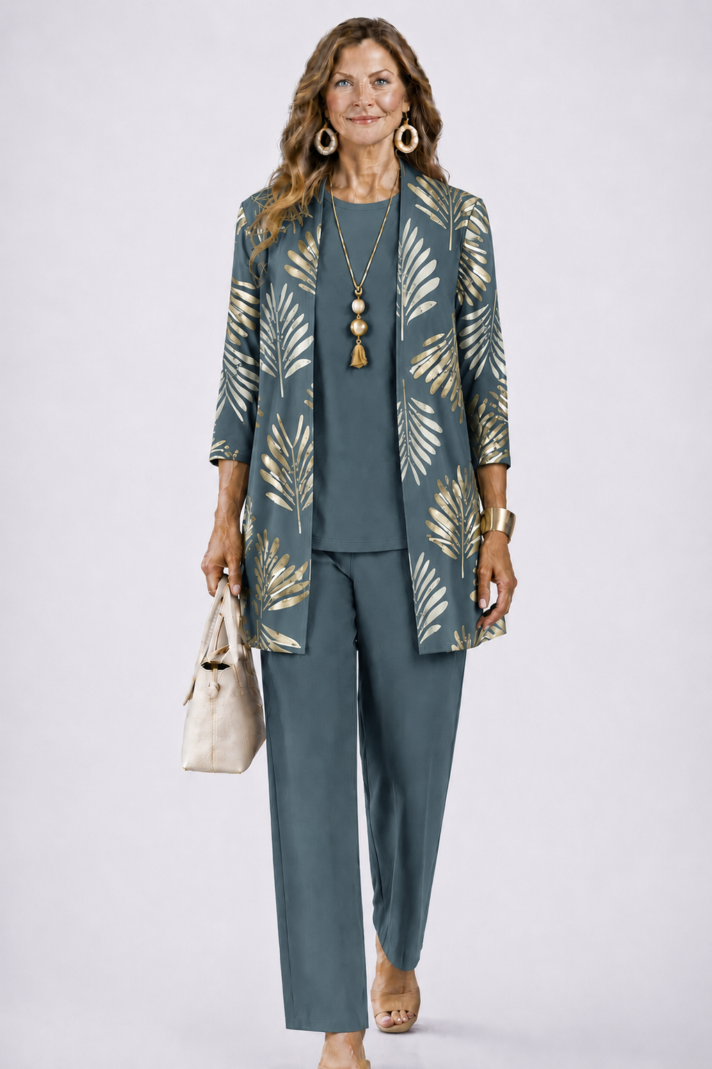 Iris – Three-Piece Cardigan, Top and Printed Trouser Set