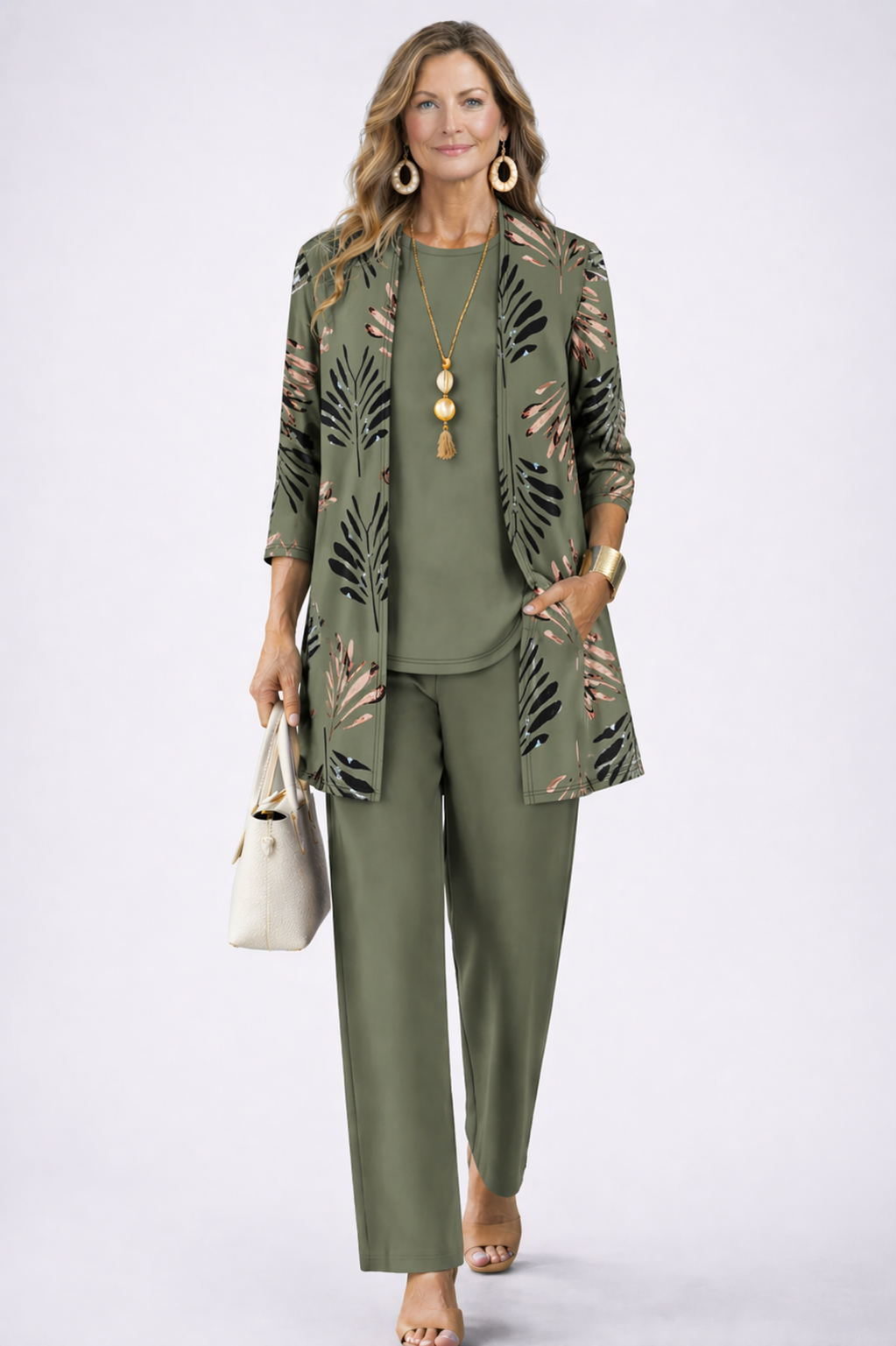 Iris – Three-Piece Cardigan, Top and Printed Trouser Set – view 2