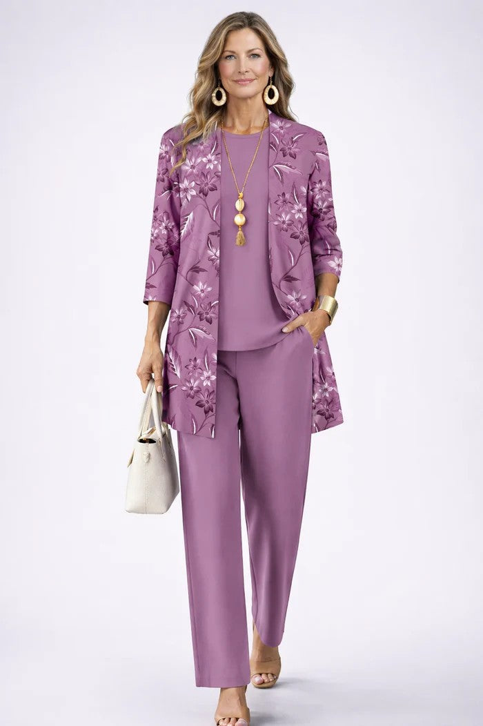 Iris – Three-Piece Cardigan, Top and Printed Trouser Set – view 5