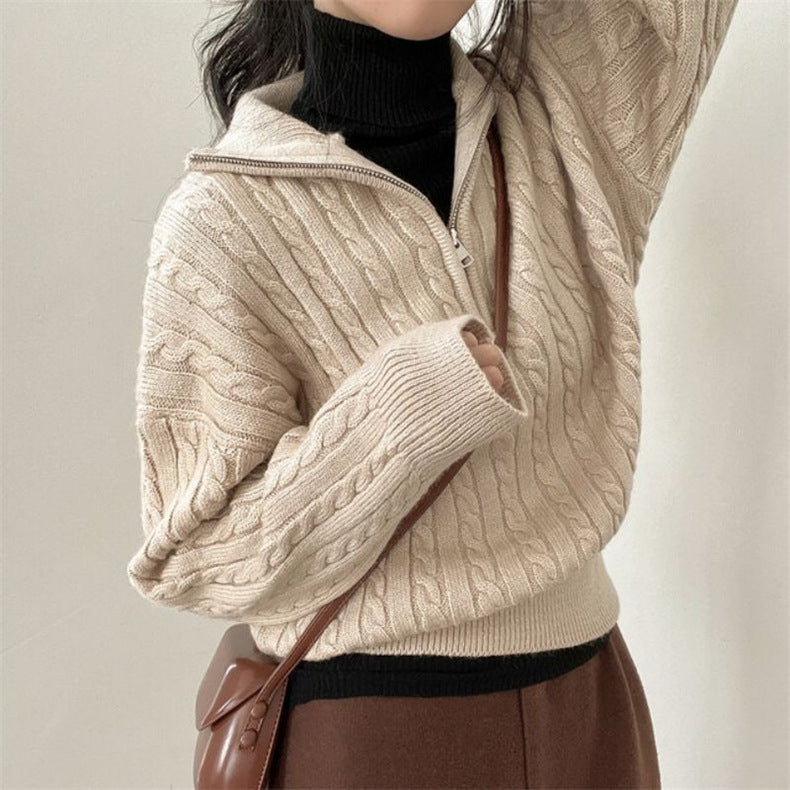 Fiona | Cropped Cable Knit Sweater with Half Zip Funnel Neck for Women