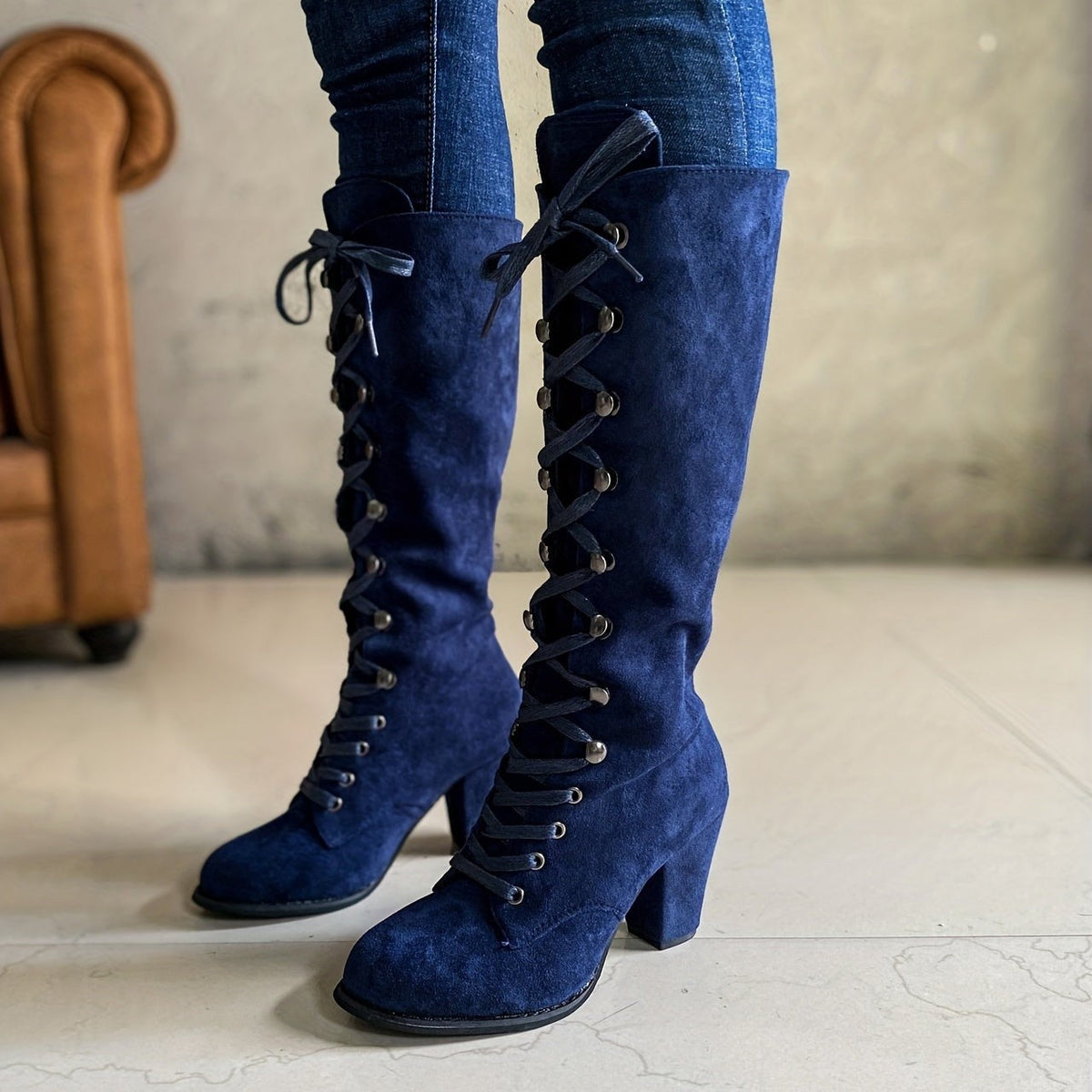 Laurine – Pared Faux Suede Lace Up Knee High Boots for Women – view 6