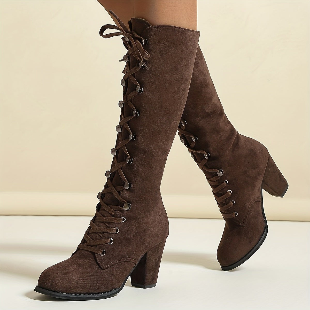 Laurine – Pared Faux Suede Lace Up Knee High Boots for Women – view 7