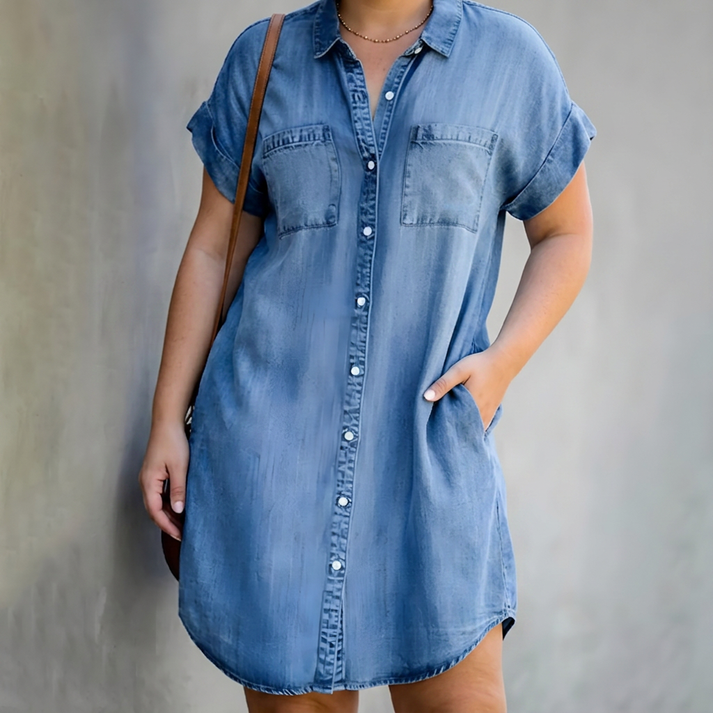 Lavinia – Women's Denim Short-Sleeve Button-Up Shirt Dress – view 2