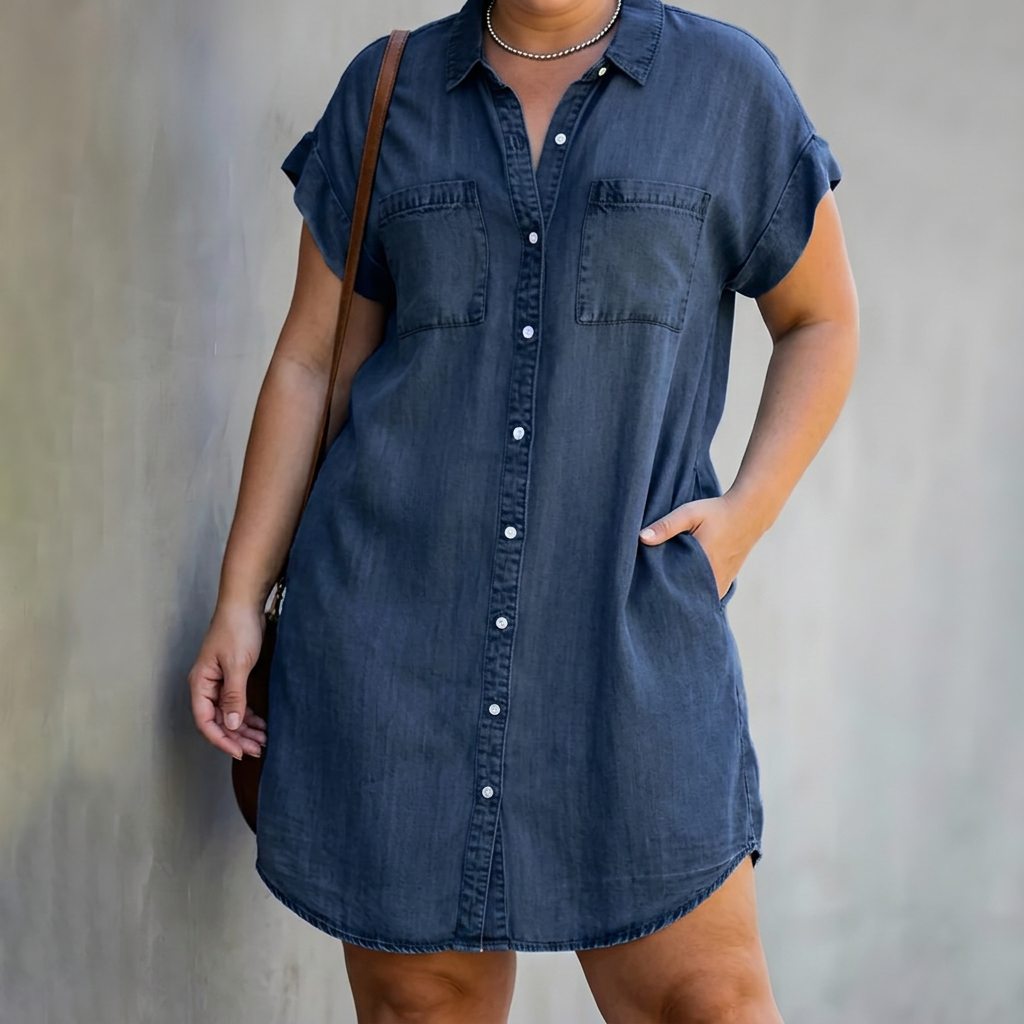 Lavinia – Women's Denim Short-Sleeve Button-Up Shirt Dress – view 3