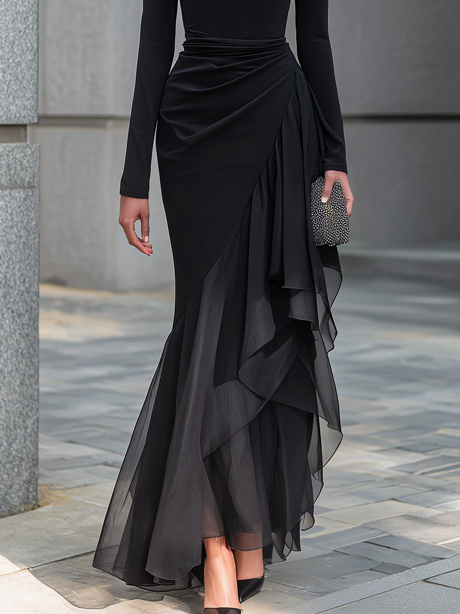 Lenore - Women's Cowl Neck Wrap Maxi Dress with Layered Organza Panels – view 3