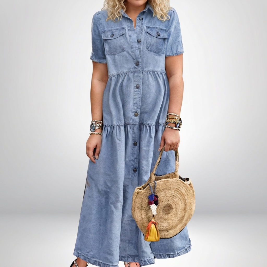 Leontine – Women's Denim Tiered Shirt Maxi Dress
