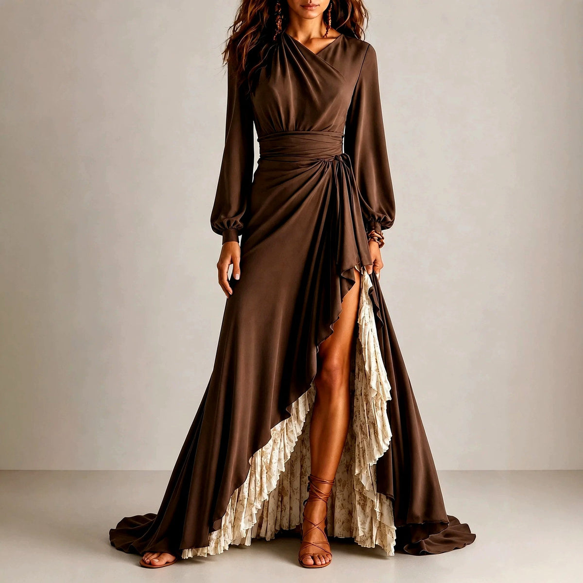 Lola - Women's Draped Asymmetric Ruffle Maxi Dress