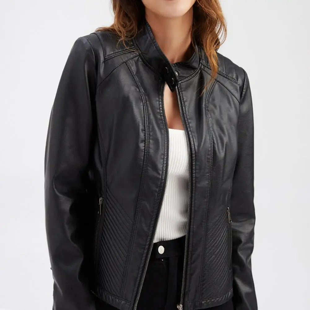 Georgina | Leather Biker Jacket with Quilted Side Panels for Women