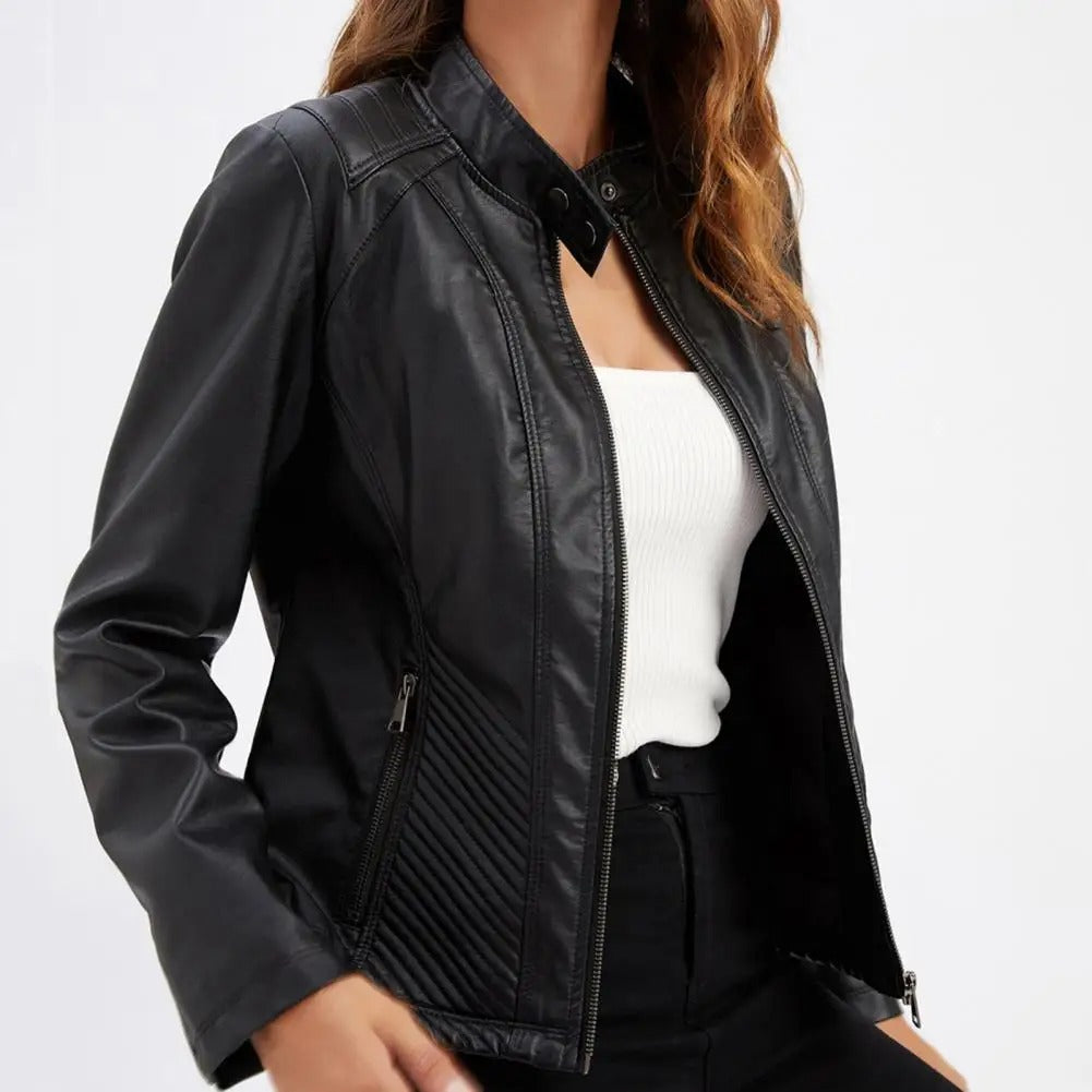 Georgina | Leather Biker Jacket with Quilted Side Panels for Women