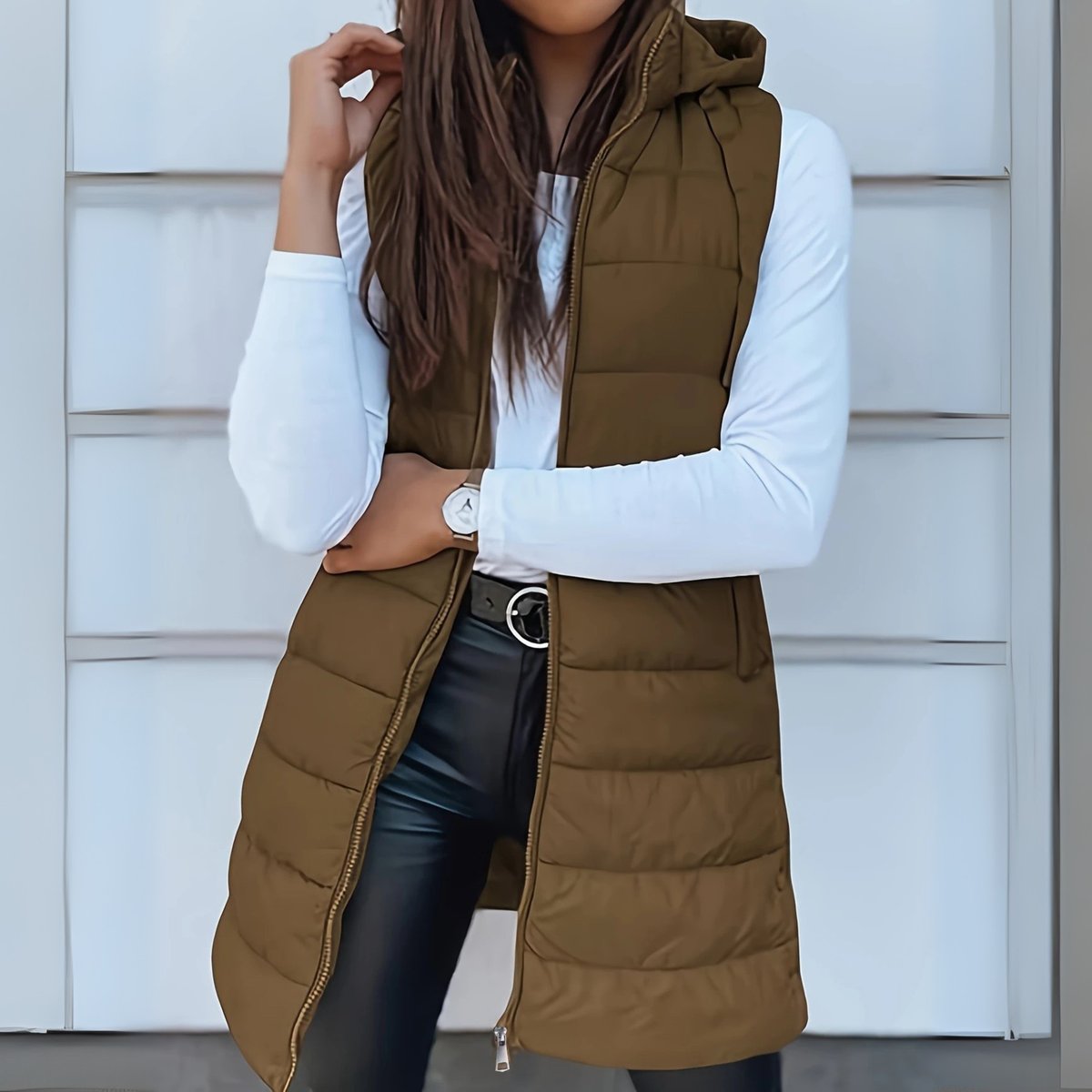 Mara Women's Long Puffer Vest – Lightweight Hooded Sleeveless Layering Gilet – view 2
