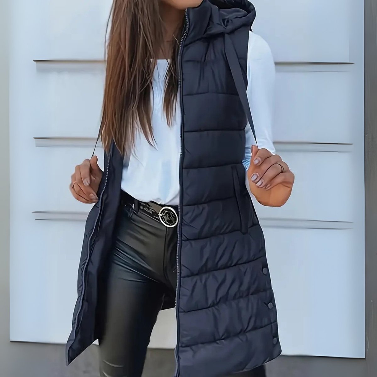 Mara Women's Long Puffer Vest – Lightweight Hooded Sleeveless Layering Gilet – view 3