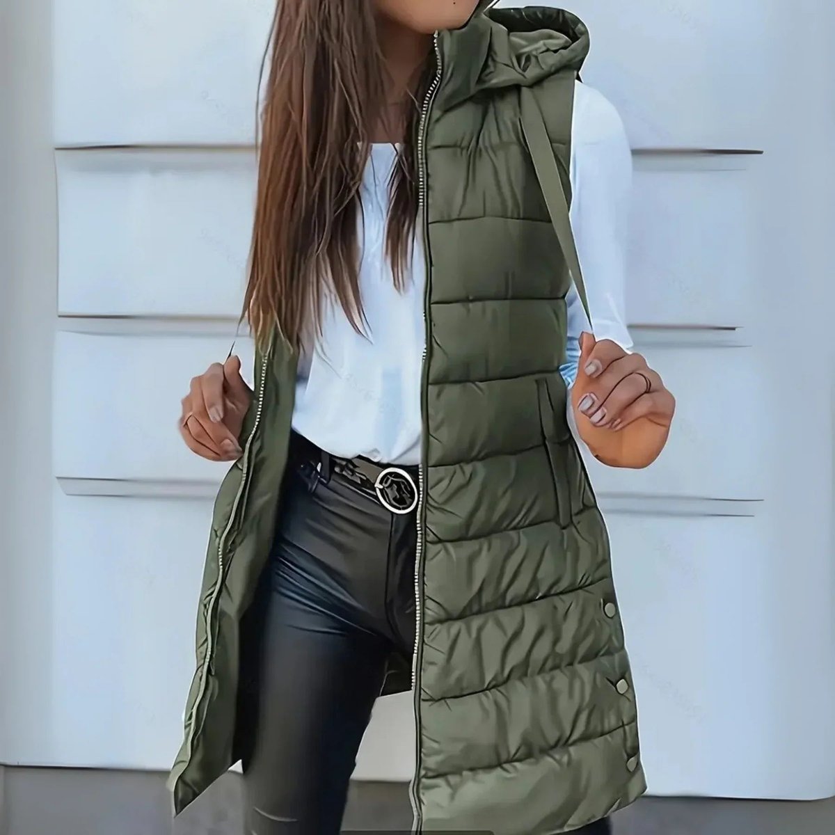 Mara Women's Long Puffer Vest – Lightweight Hooded Sleeveless Layering Gilet – view 4