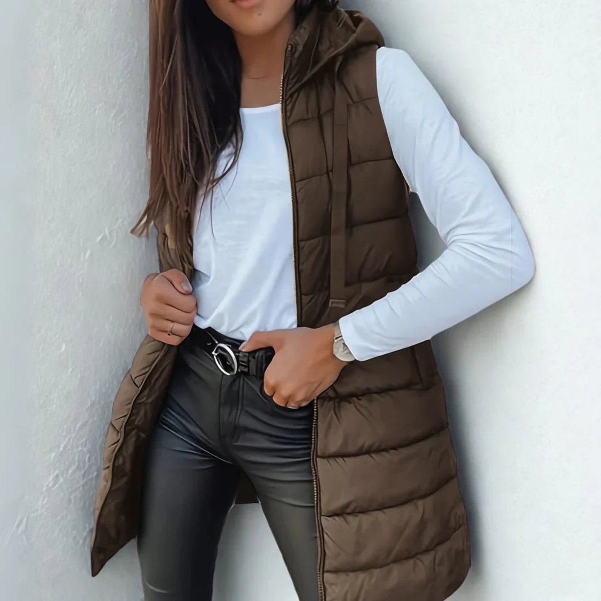 Mara Women's Long Puffer Vest – Lightweight Hooded Sleeveless Layering Gilet – view 5