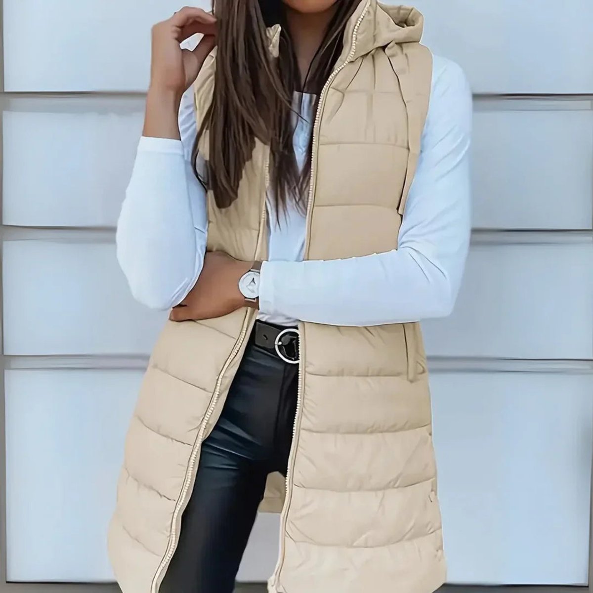Mara Women's Long Puffer Vest – Lightweight Hooded Sleeveless Layering Gilet – view 6