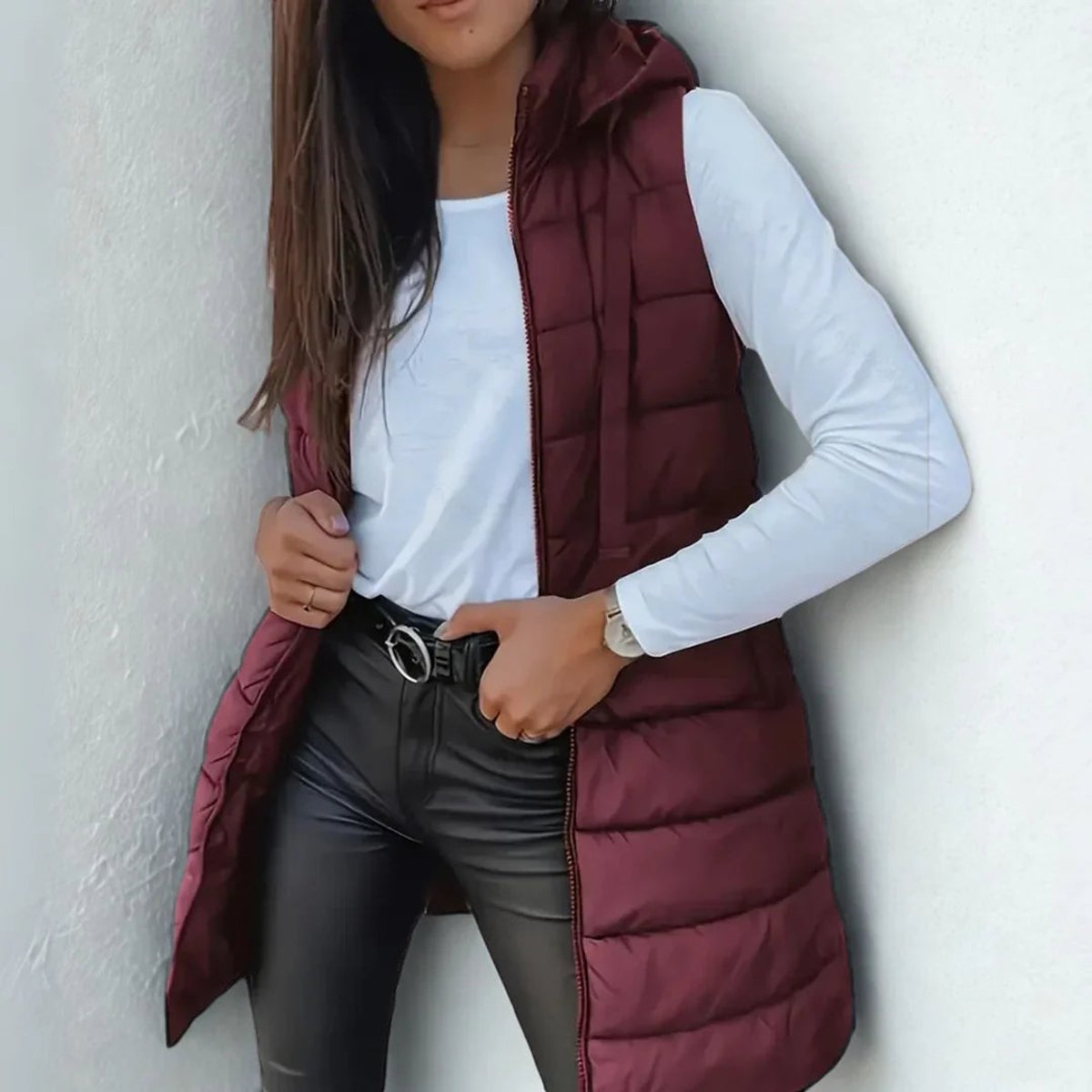 Mara Women's Long Puffer Vest – Lightweight Hooded Sleeveless Layering Gilet – view 7