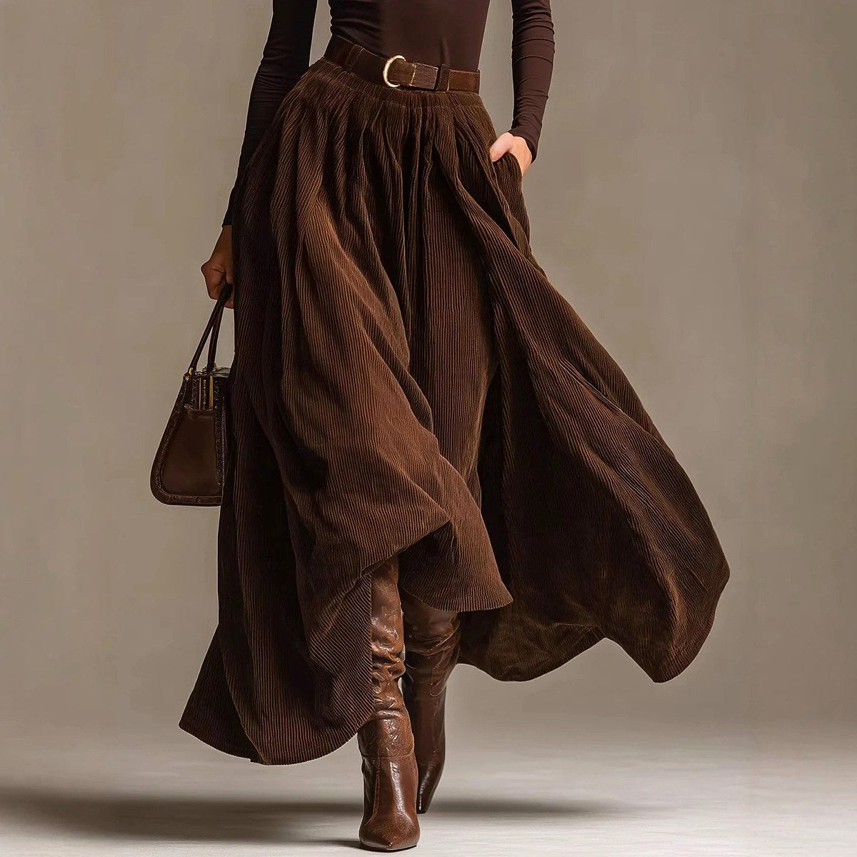Millie - Women's Turtleneck Top & Corduroy Maxi Skirt Set
