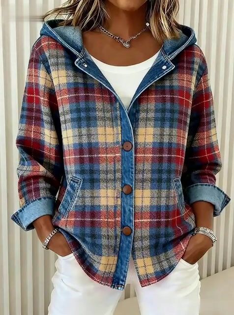 Nadrina – Hooded Denim Jacket with Check Panel Contrast for Women – view 5