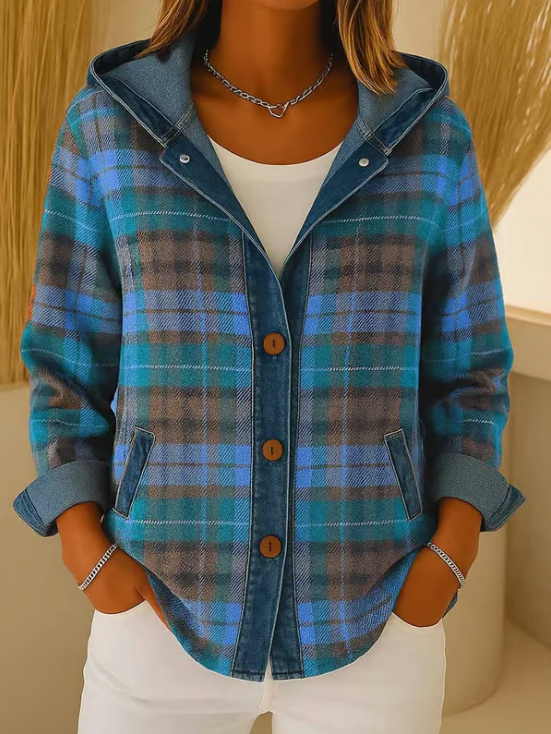 Nadrina – Hooded Denim Jacket with Check Panel Contrast for Women – view 8